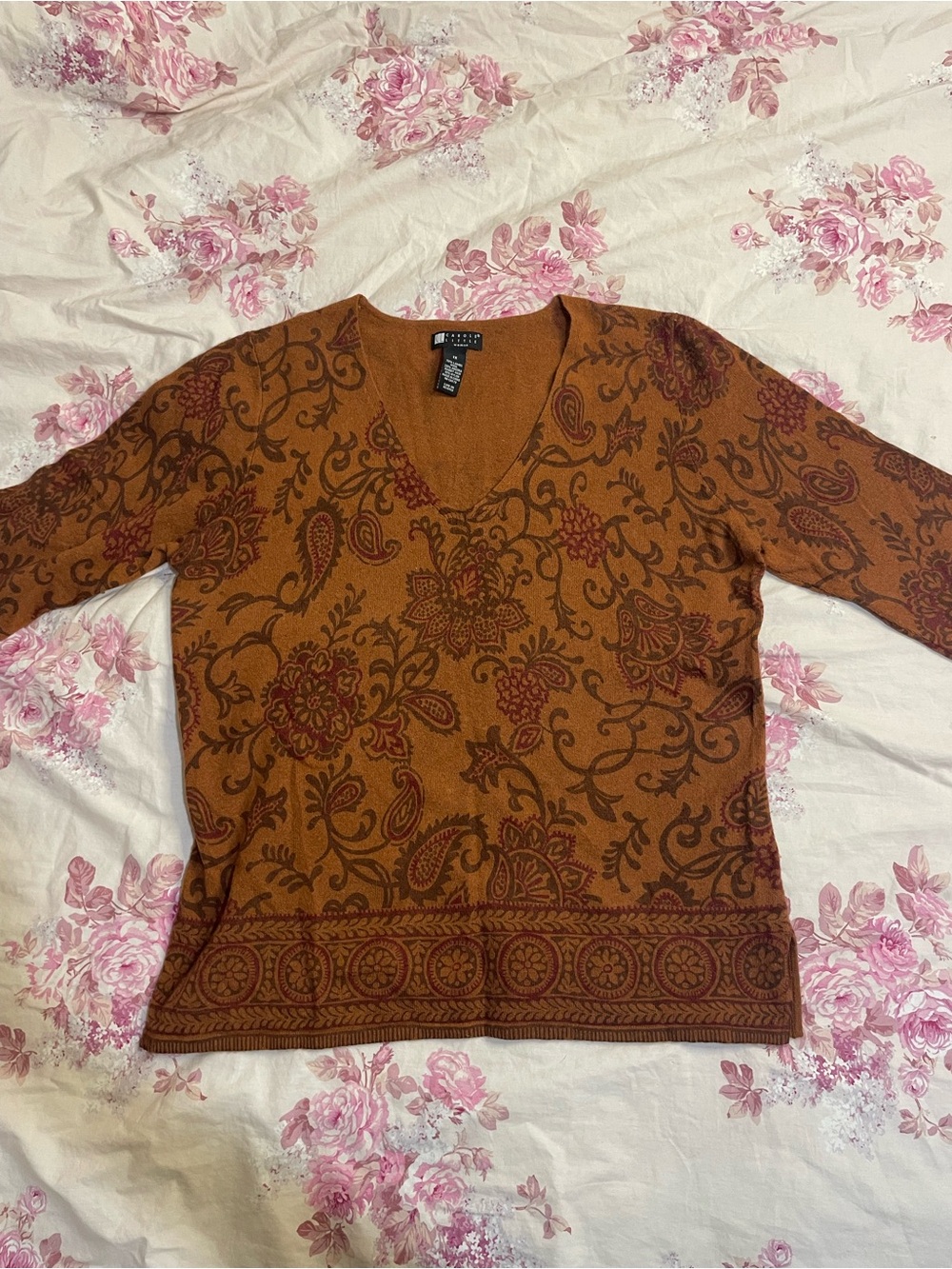 Carole Little Rust and Brown Paisley V-Neck Sweater